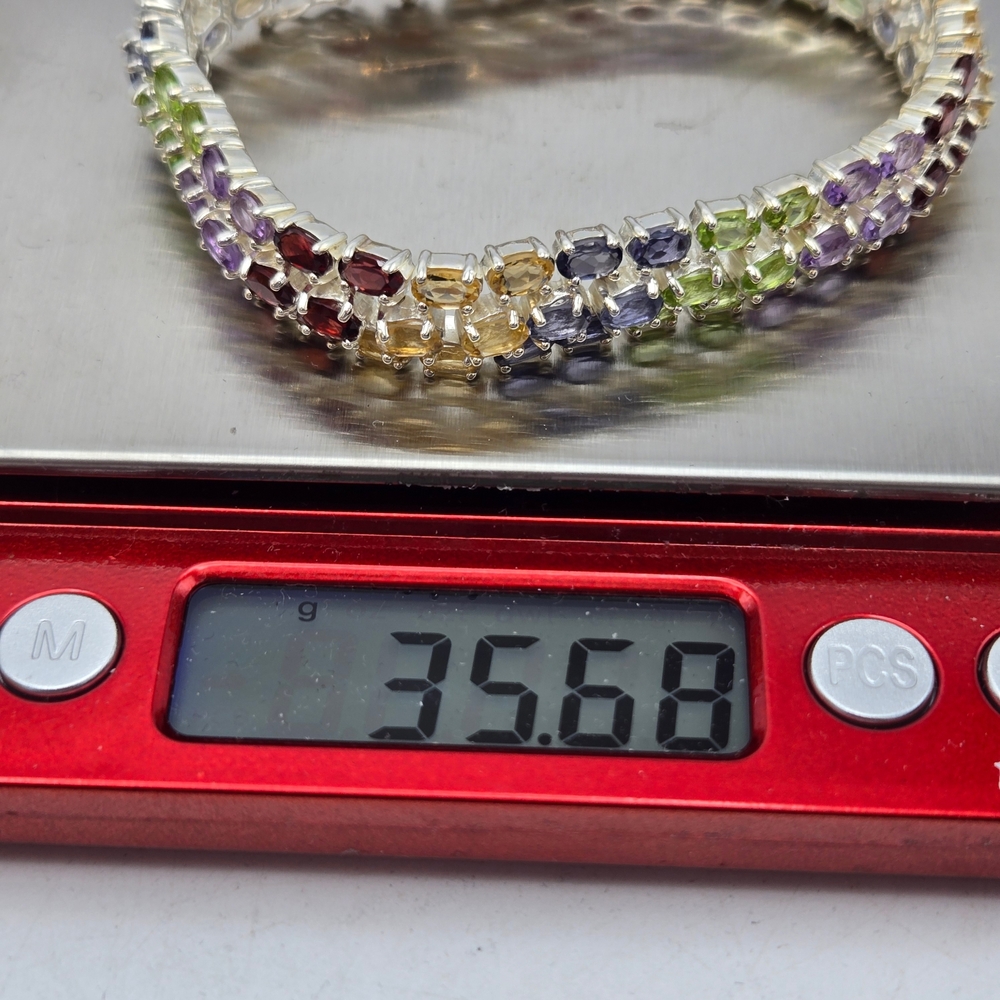 Sterling Silver 925 Rainbow Gemstone Tennis Bracelet Crown Mark 6.75” Estate - Picture 10 of 10